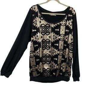 Maurices Aztec Sequin Sweater Women Size 2X Black Gold scoopneck Pullover